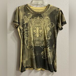 Sinful By Affliction Top Size L Yellow Gray Grunge Tattoo Biker Alt Fleur De Lis